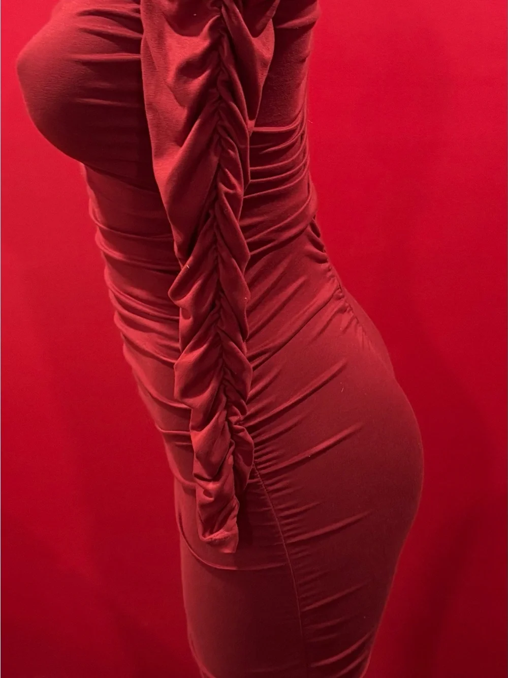 Ruched Midi Dress in Wine Red with Long Sleeves